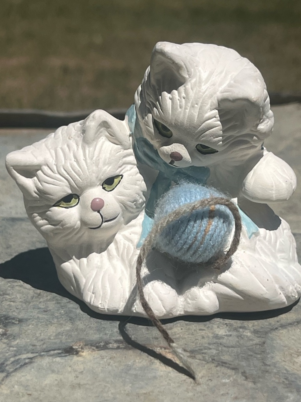 Loomco 1993 Ceramic Cat Figurine with Blue Yarn - Decorative Cat Statue